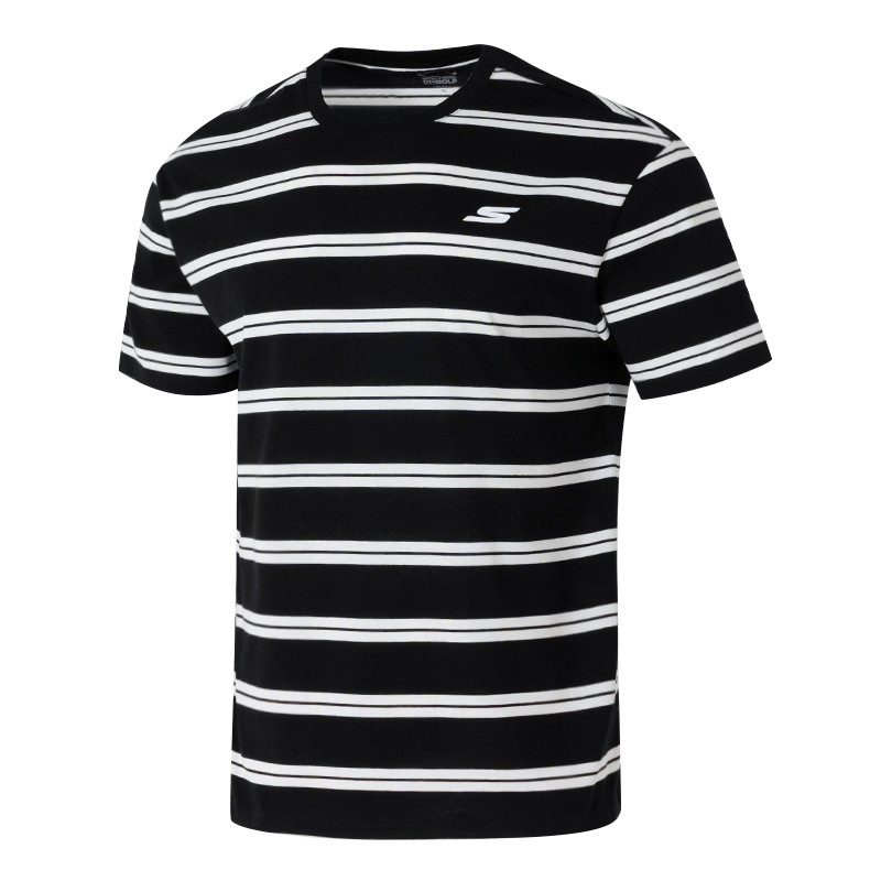 斯凱奇短袖男女情侶25新款條紋寬松圓領(lǐng)運(yùn)動(dòng)休閑T恤半袖P225U121-0019