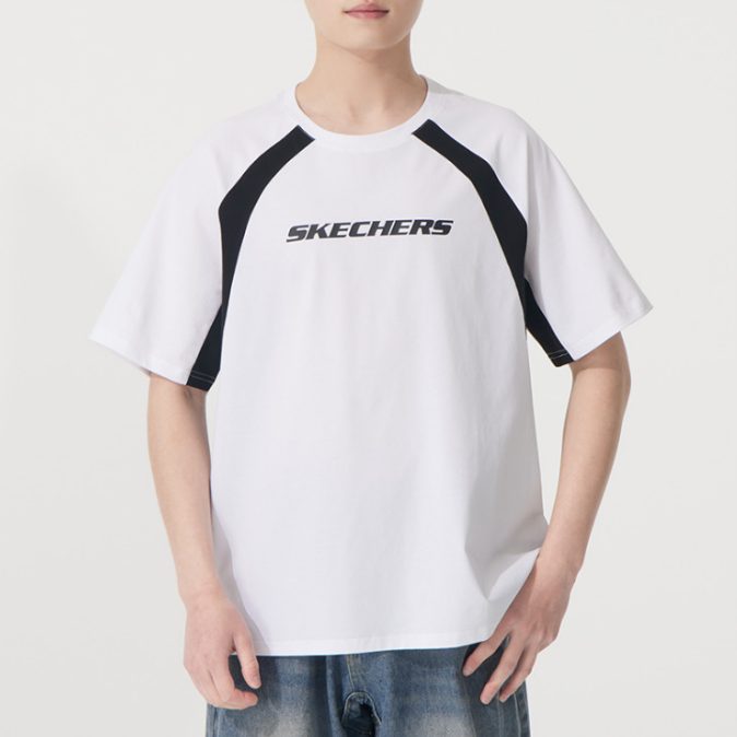 斯凱奇正品新款夏季男款圓領(lǐng)針織拼接短袖T恤P225U126-03K8