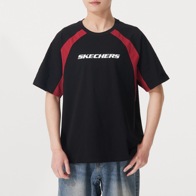 斯凱奇正品新款夏季男款圓領(lǐng)針織拼接短袖T恤P225U126-00GZ